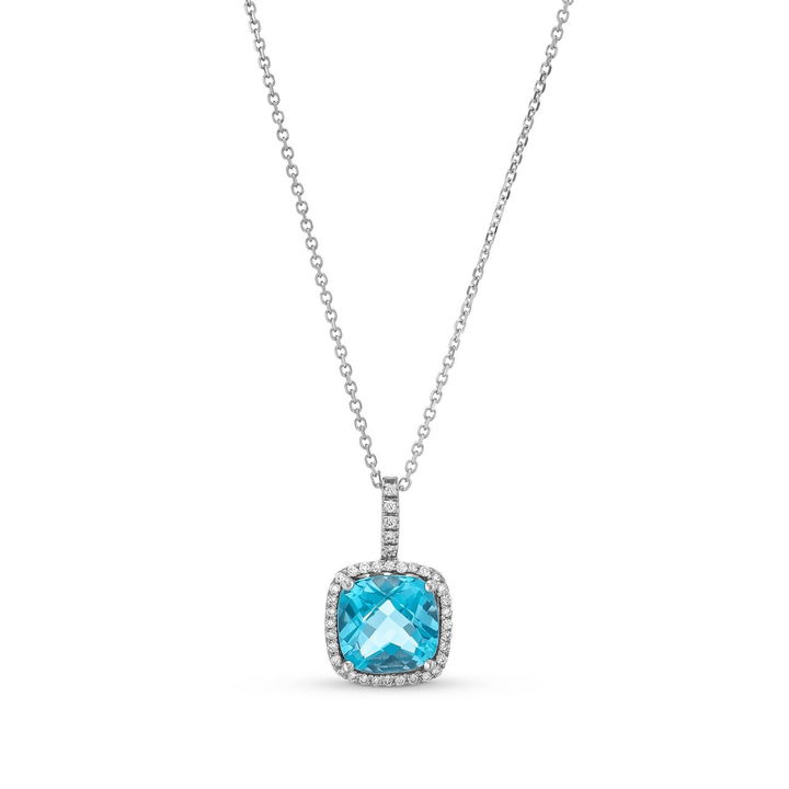 Square Blue Topaz Diamond Halo Pendant Necklace