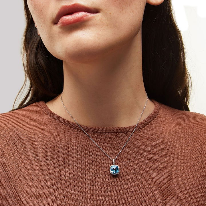 Square Blue Topaz Diamond Halo Pendant Necklace