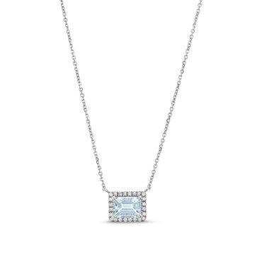 Aquamarine Diamond Halo Pendant Necklace In White Gold 14K