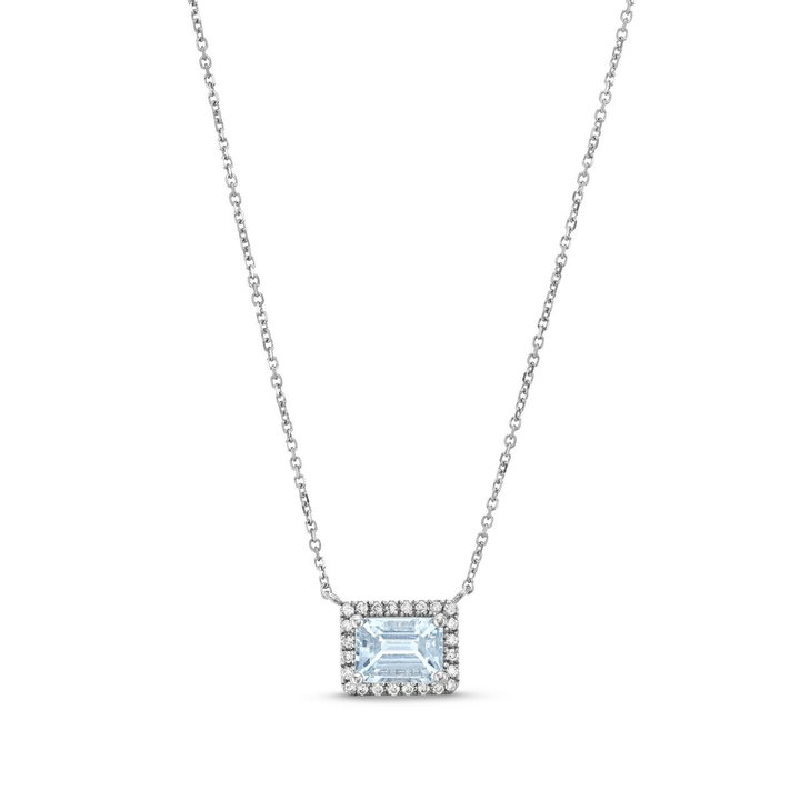 Aquamarine Diamond Halo Pendant Necklace In White Gold 14K