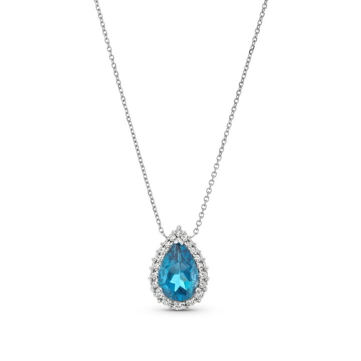 Pear Shape London Blue Topaz Halo Pendant Necklace
