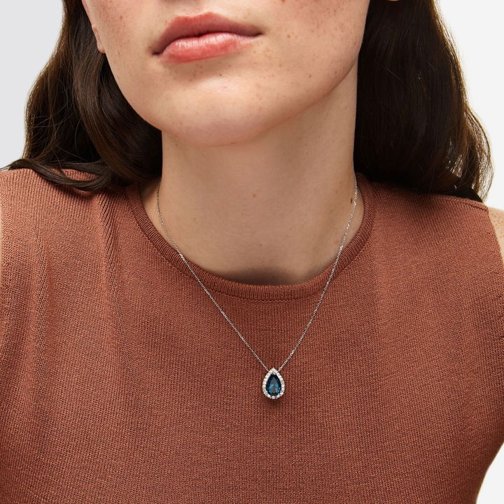 Pear Shape London Blue Topaz Halo Pendant Necklace