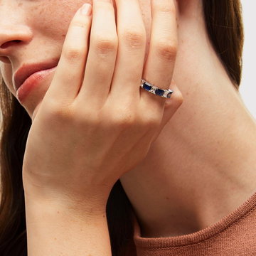 Blue Sapphire Diamond Wedding Band In Solid 18K White Gold