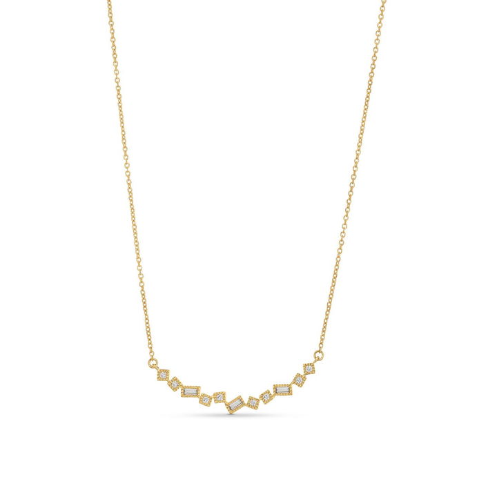 Round and Baguette Diamond Curve Bar Pendant Necklace