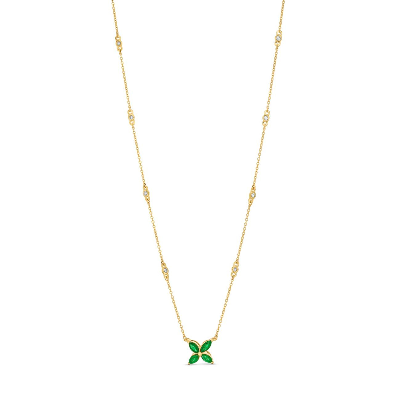 Green Emerald Floral Design Diamond Bezel Necklace 0