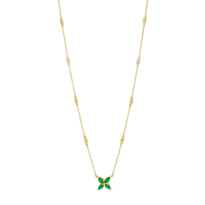 Green Emerald Floral Design Diamond Bezel Necklace In Solid 14K Yellow Gold