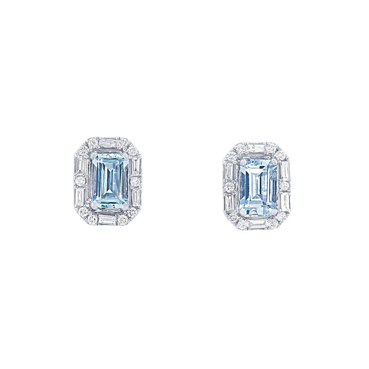 Aquamarine and Diamond Halo Studs In White Gold 14K