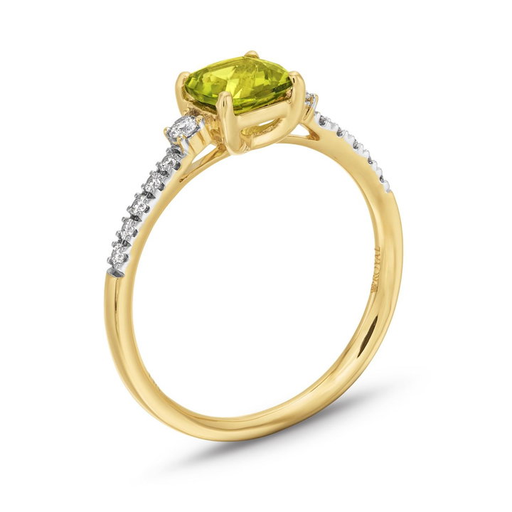 Peridot Stone Diamond Ring In Solid 14K Yellow Gold