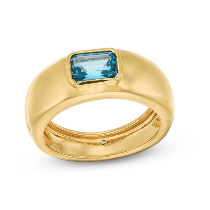 Blue Topaz Bezel Ring In Solid 14K Yellow Gold