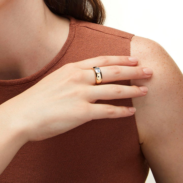 Blue Topaz Bezel Ring In Solid 14K Yellow Gold