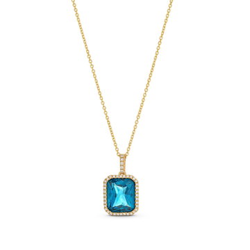 London Blue Topaz Diamond Halo Necklace In Yellow Gold 14K