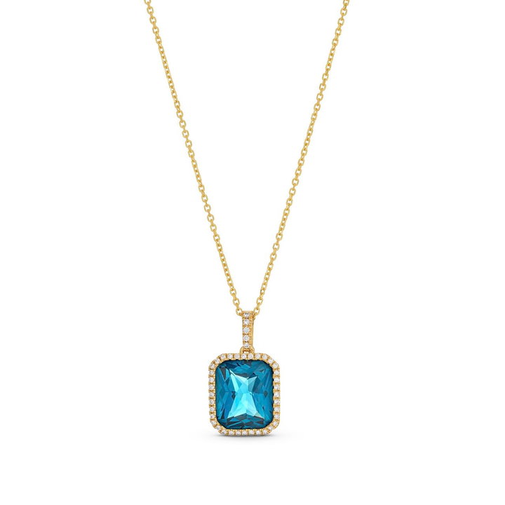 London Blue Topaz Diamond Halo Necklace In Yellow Gold 14K