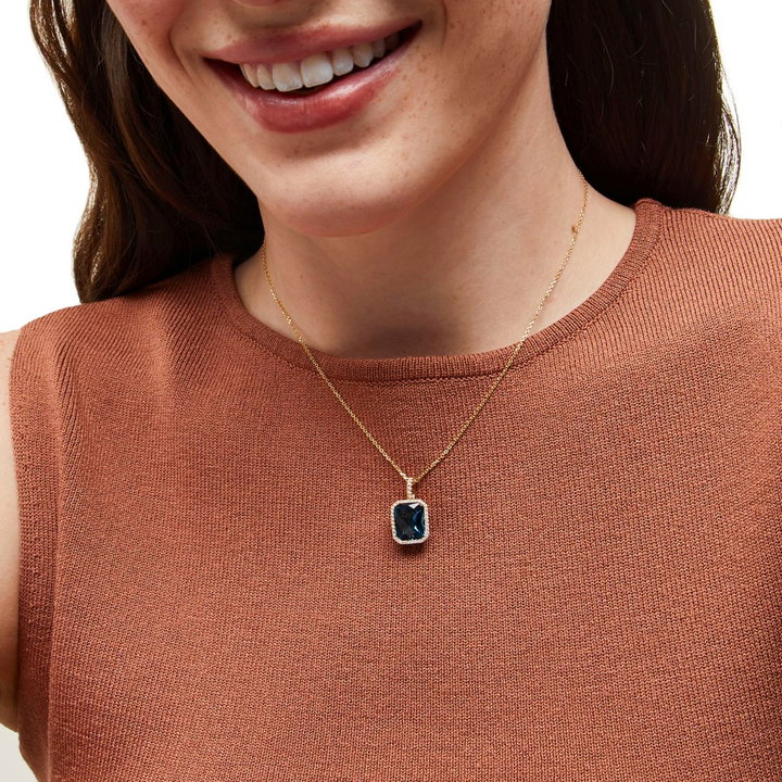 London Blue Topaz Diamond Halo Necklace In Yellow Gold 14K