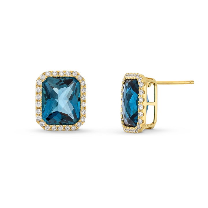 London Blue Topaz Diamond Halo Stud Earrings In Solid 14K Yellow Gold