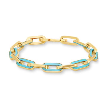 Turquoise Enamel Paperclip Chain Bracelet In Yellow Gold 14K