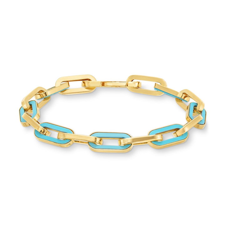 Turquoise Enamel Paperclip Chain Bracelet In Yellow Gold 14K