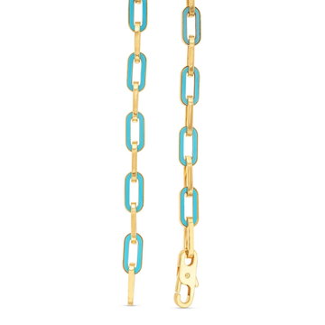 Turquoise Enamel Paperclip Chain Bracelet In Yellow Gold 14K