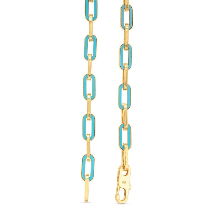 Turquoise Enamel Paperclip Chain Bracelet In Yellow Gold 14K