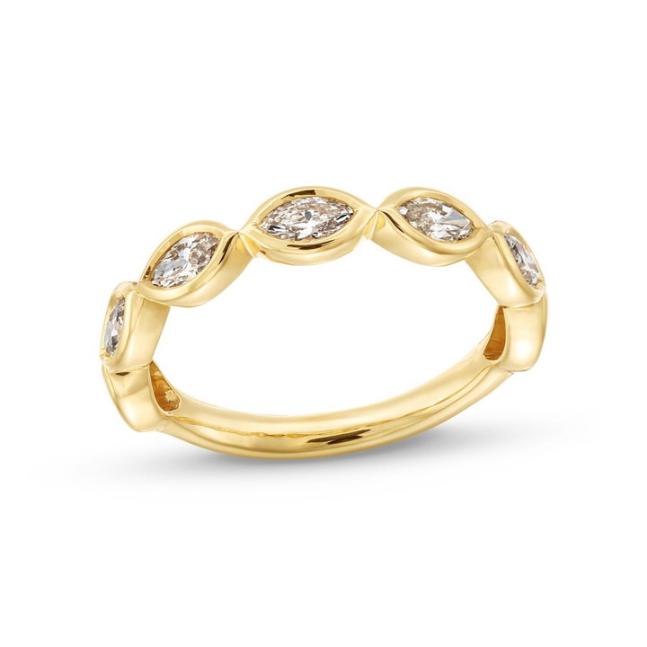 Marquise Cut Diamond Bezel Wedding Band In Solid 14K Yellow Gold