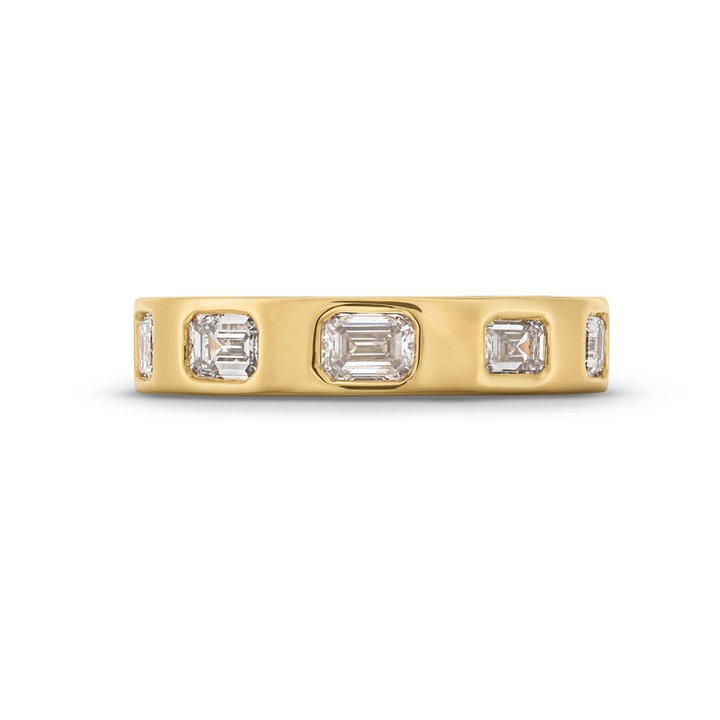 Emerald Cut Diamond Bezel Flush Wedding Band In Solid 14K Yellow Gold