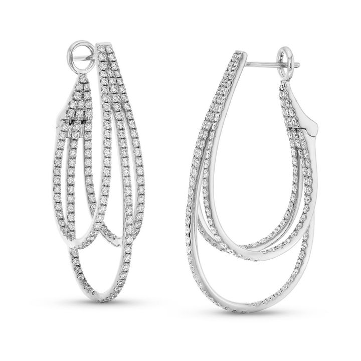 White Gold 18K Three Row Diamond Open Hoop Earrings