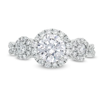 Three Stone Round Diamond Halo Twist Engagement Setting (For 1ct Round) In White Gold 14K