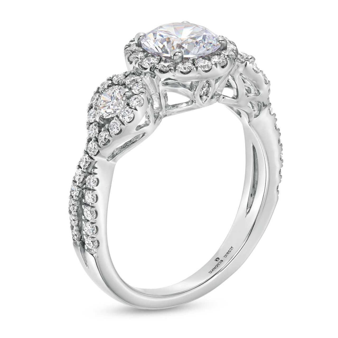 Three Stone Round Diamond Halo Twist Engagement Setting (For 1ct Round)