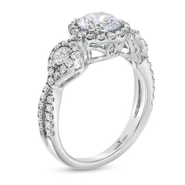 Three Stone Round Diamond Halo Twist Engagement Setting (For 1ct Round) In White Gold 14K