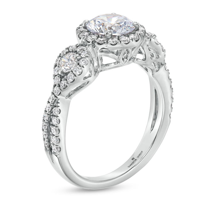 Three Stone Round Diamond Halo Twist Engagement Setting (For 1ct Round) In White Gold 14K