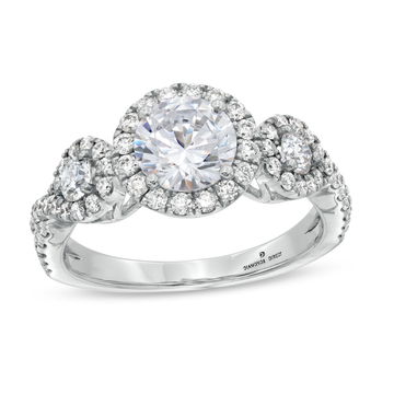 Three Stone Round Diamond Halo Twist Engagement Setting (For 1ct Round) In White Gold 14K