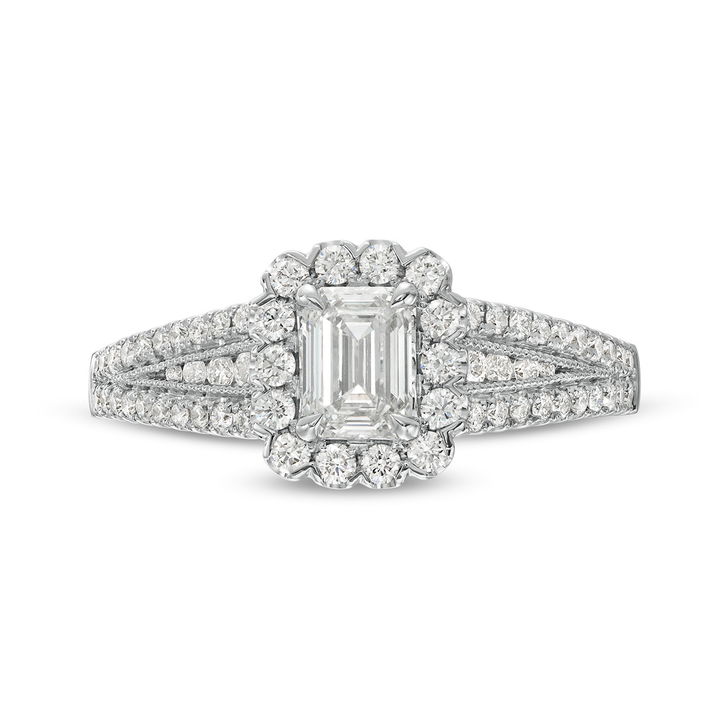 Emerald Diamond Halo Tapered Three Row Engagement Ring