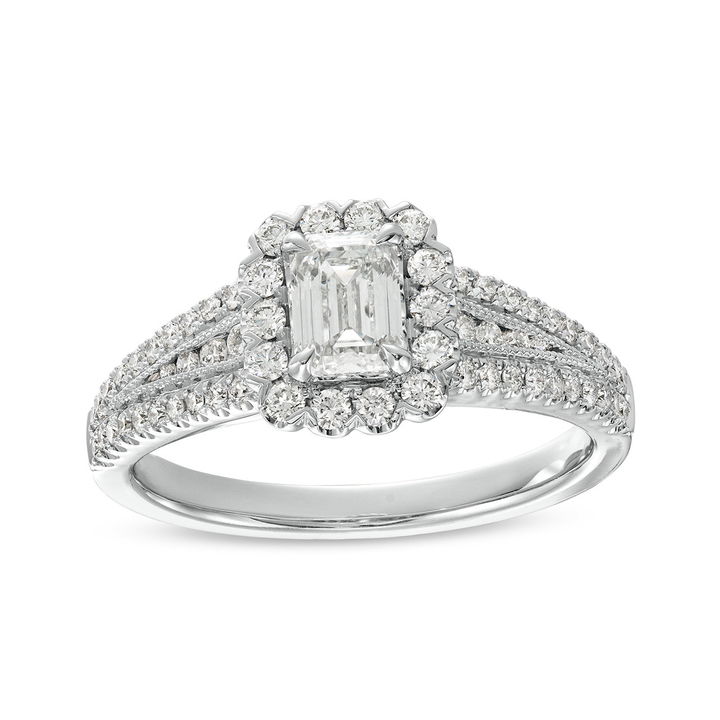 Emerald Diamond Halo Tapered Three Row Engagement Ring