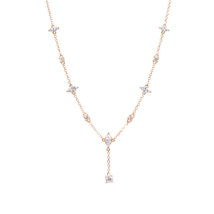Rose Gold Round and Marquise Diamond Y-Shape Necklace In Solid 14K Rose Gold