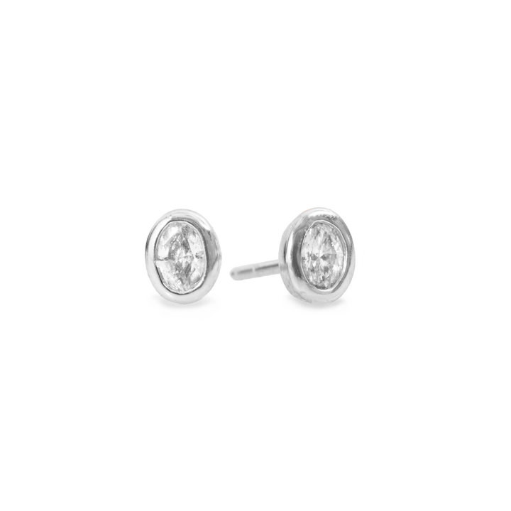 White Gold Oval Diamond Bezel Stud Earrings In Solid 14K White Gold
