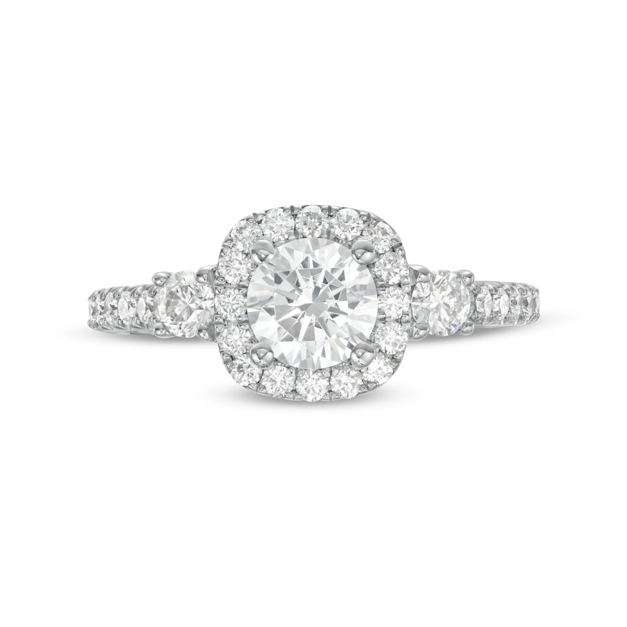 Three Stone Round Diamond Cushion Halo Engagement Setting (For 0.75ct Round)