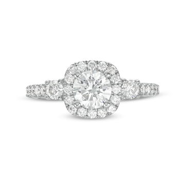 Three Stone Round Diamond Cushion Halo Engagement Setting (For 0.75ct Round) In White Gold 14K