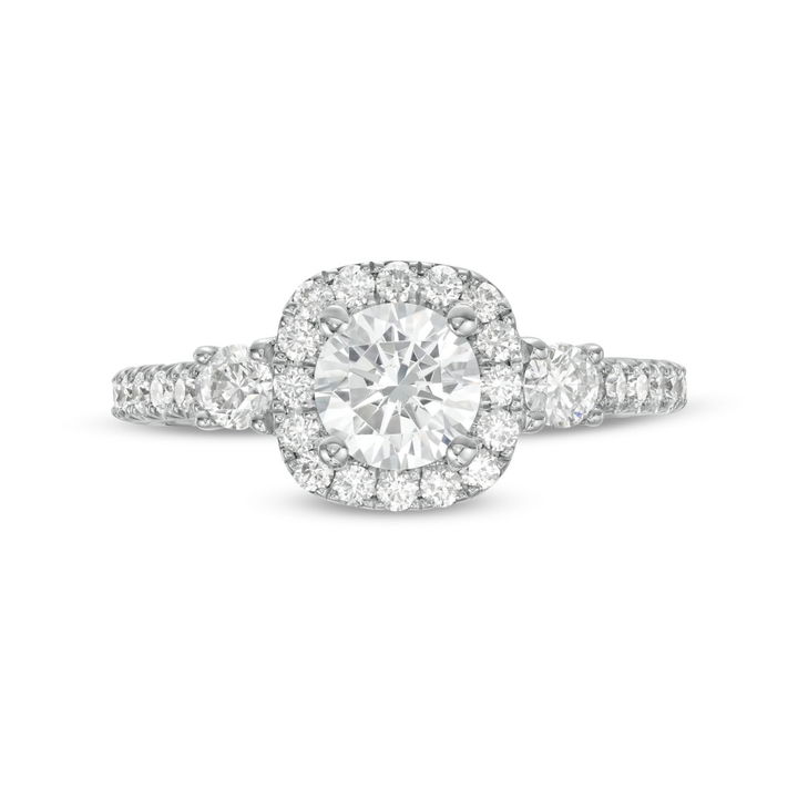 Three Stone Round Diamond Cushion Halo Engagement Setting (For 0.75ct Round) In White Gold 14K