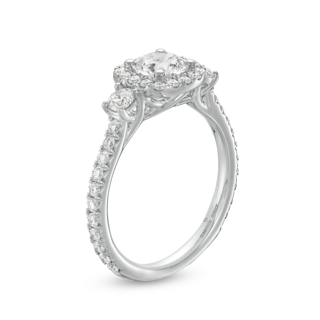 Three Stone Round Diamond Cushion Halo Engagement Setting (For 0.75ct Round)