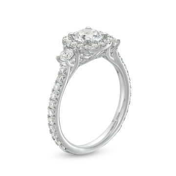 Three Stone Round Diamond Cushion Halo Engagement Setting (For 0.75ct Round) In White Gold 14K