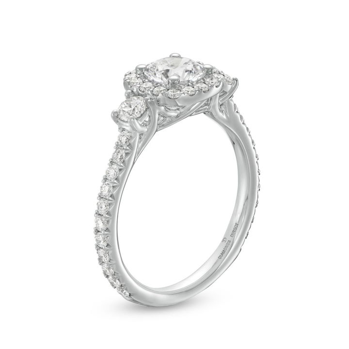 Three Stone Round Diamond Cushion Halo Engagement Setting (For 0.75ct Round) In White Gold 14K