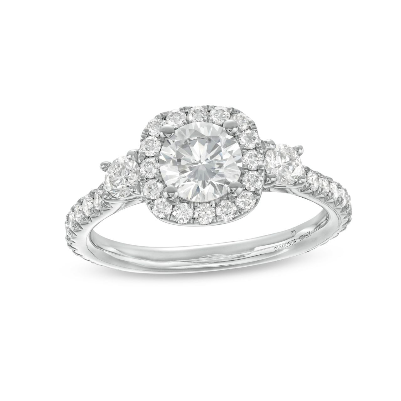 Three Stone Round Diamond Cushion Halo Engagement Setting (For 0.75ct Round)