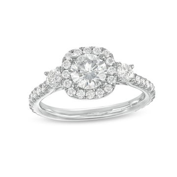 Three Stone Round Diamond Cushion Halo Engagement Setting (For 0.75ct Round) In White Gold 14K