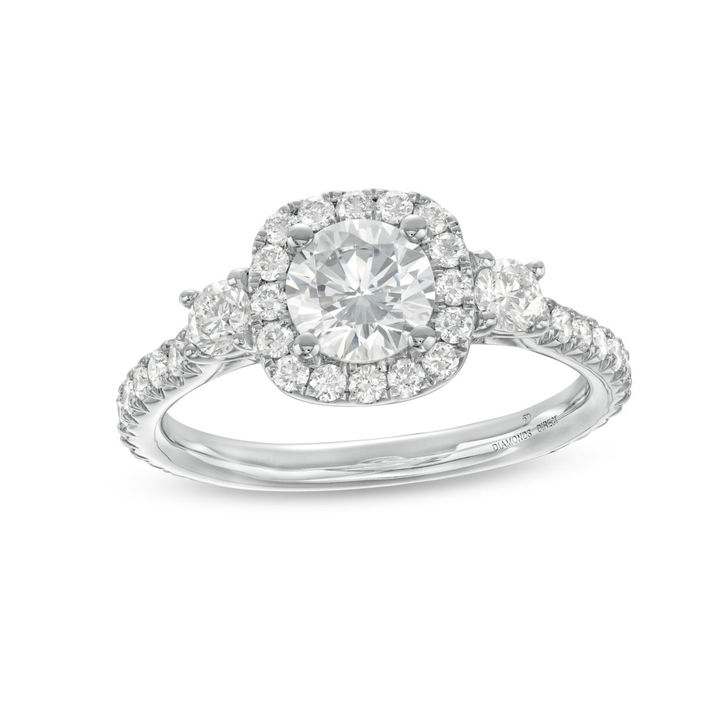 Three Stone Round Diamond Cushion Halo Engagement Setting (For 0.75ct Round) In White Gold 14K