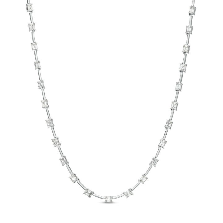 White Gold 14K Emerald Diamond Bar Station Tennis Necklace