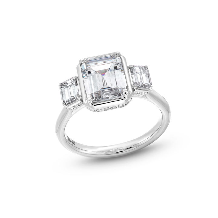 White Gold 18K Uneek Emerald Side Stone Under Halo Engagement Setting