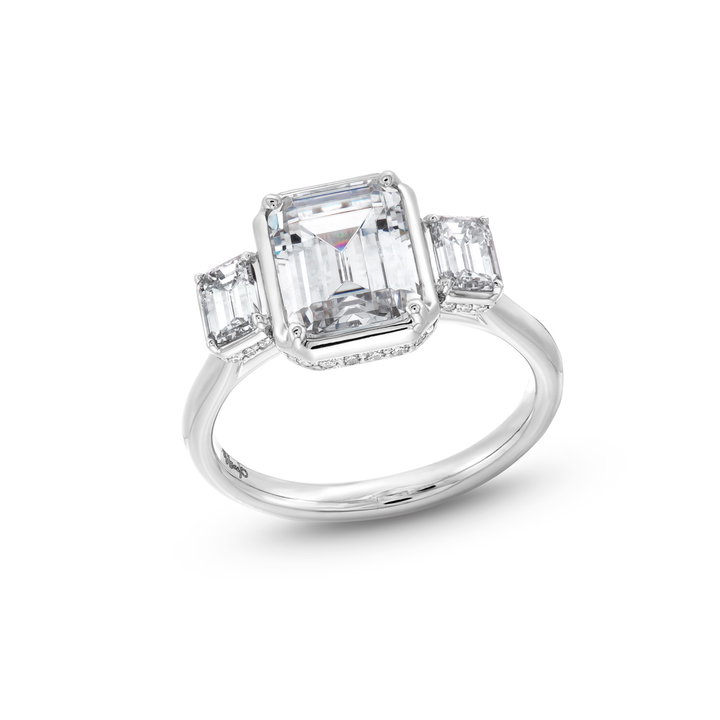 Uneek Emerald Side Stone Under Halo Engagement Setting In White Gold 18K