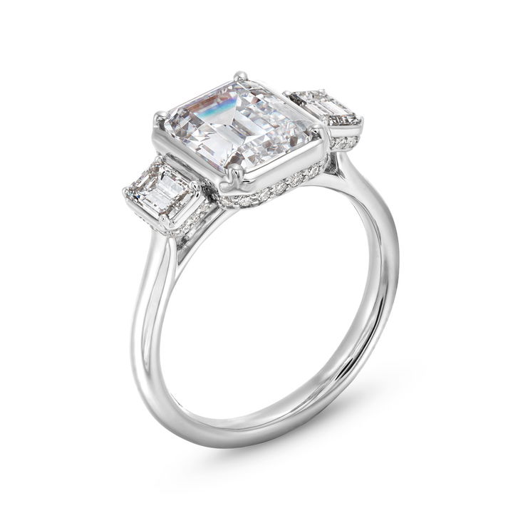 White Gold 18K Uneek Emerald Side Stone Under Halo Engagement Setting