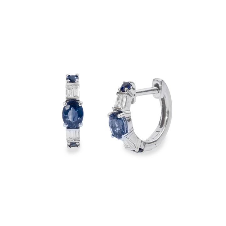 Blue Sapphire Baguette Diamond Huggie Earrings