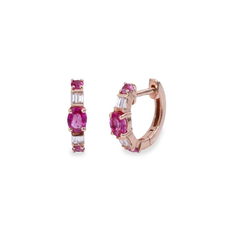 Pink Sapphire Baguette Diamond Huggie Earrings