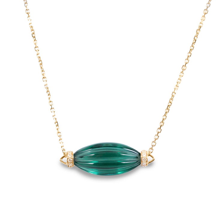 Horizontal Green Quartz Pendant Necklace In Solid 14K Yellow Gold
